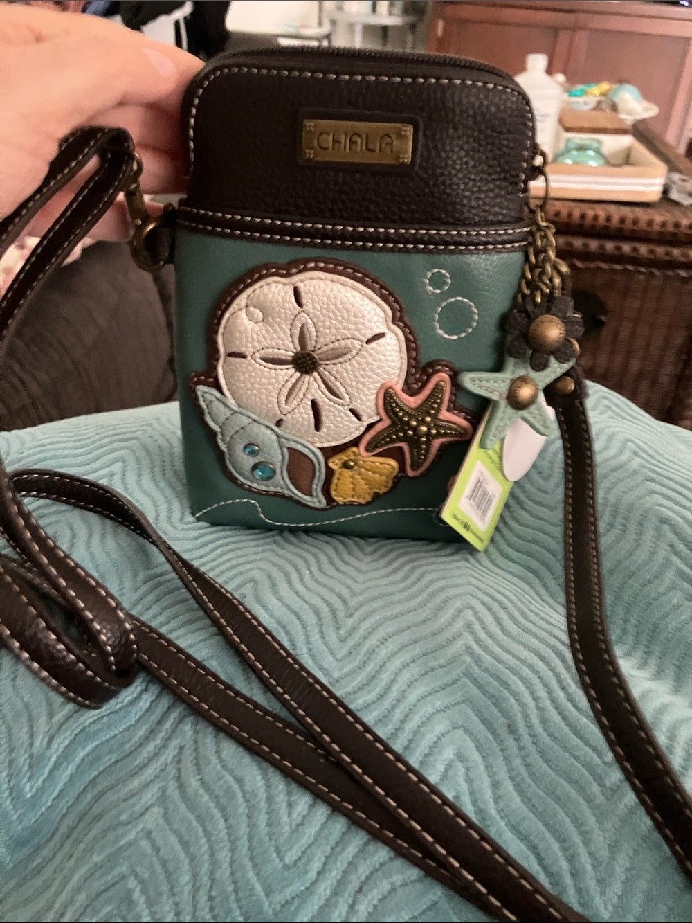 Chala Teal Sea Life Appliqué Crossbody with Brown Trim